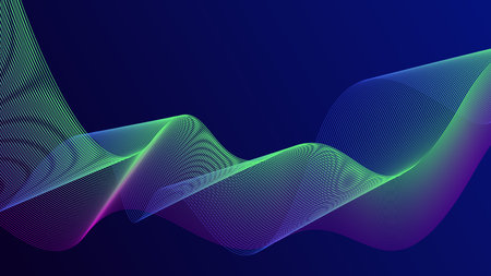 Abstract glowing wave lines on dark blue background. Dynamic wave pattern. Modern flowing wavy lines. Futuristic technology concept. Suitable for banners, posters, covers, brochures, flyers, websitesのイラスト素材