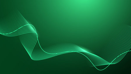 Abstract glowing wave lines on dark green background. Dynamic wave pattern. Modern flowing wavy lines. Futuristic technology concept. Suitable for banners, posters, covers, brochures, flyers, websitesのイラスト素材