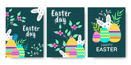 Happy Easter, Modern poster flat design with tropikal leaves, flowers, eggs and bunnies. Vector illustrationのイラスト素材