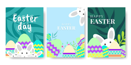 Happy Easter, Modern poster flat design with tropikal leaves, flowers, eggs and bunnies. Vector illustrationのイラスト素材