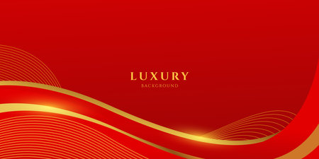Abstract luxury flowing gold lines on red background. Premium background with shining lines waves. Design for banner, poster, cover, flayer, brochureのイラスト素材