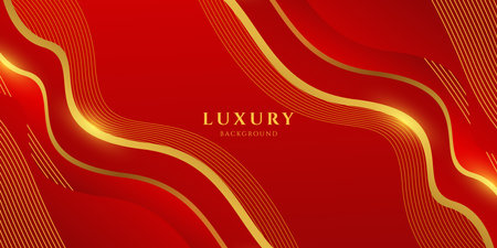 Abstract luxury flowing gold lines on red background. Premium background with shining lines waves. Design for banner, poster, cover, flayer, brochureのイラスト素材