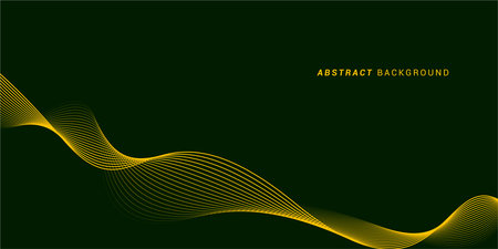 Abstract yellow wave lines on dark green background, modern flowing curve design, digital art pattern, futuristic technology conceptのイラスト素材