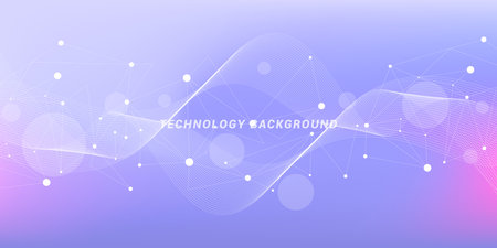 Abstract futuristic technology background. Technology and science theme background with waves and plexus lines. Global network connection template idea.のイラスト素材