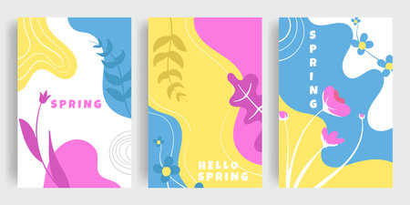 Spring poster design template with blooming flowers and leaves. Vertical poster design for spring greeting cards and social media posts.のイラスト素材