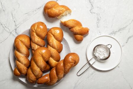 Delicious pastries.Tasty buns.Delicious Pigtail Bunsの写真素材