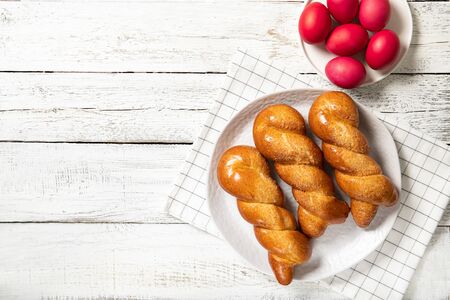 Greek easter buns. Greek Easter. Italian Easter. Traditional easter bread. Easter eggsの写真素材