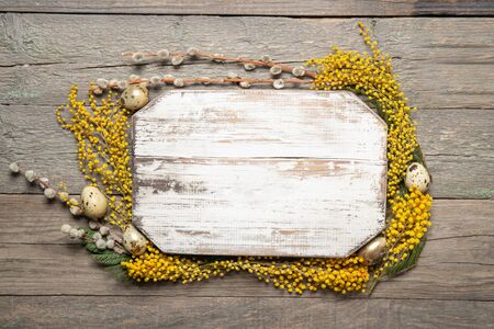Place for text on a white wooden background, Mimosa, Easter eggs, Postcard, Top viewの写真素材