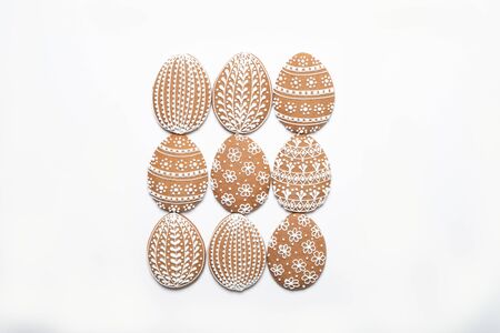 Beautiful easter cookies on a white background, Easter cookies, place for text, Easter eggs, Top viewの写真素材