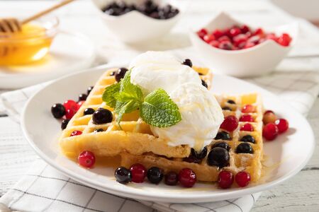 Plate with delicious waffles with berries and ice cream. Close-upの写真素材