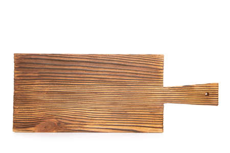Wooden cutting board isolated on white backgroundの写真素材