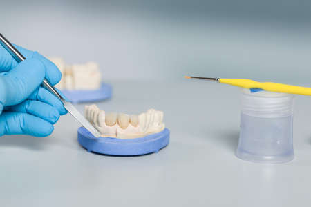 Close up of detail work on artificial dentition and dental imprint in a dental laboratoryの写真素材