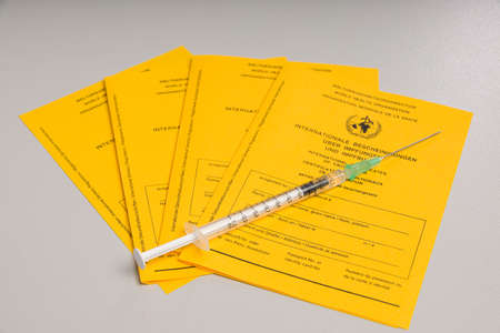 some international certificates of vaccination and a syringe with  vaccine