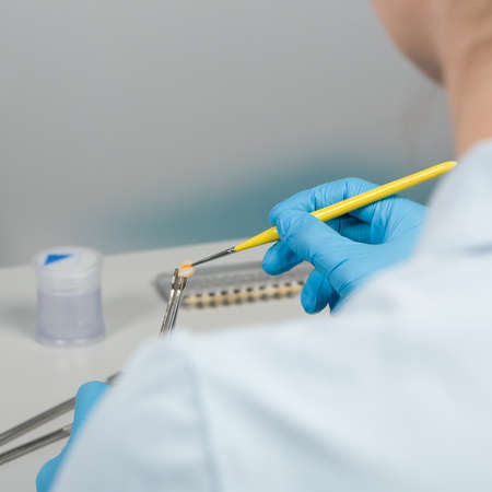 Close-up of painting work at artificial dentition with a paintbrush in a dental laboratoryの写真素材