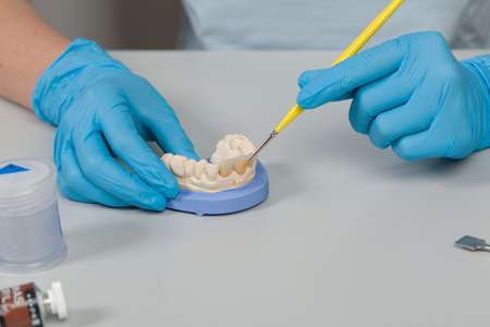 close-up of painting work on denture parts in a dental laboratory