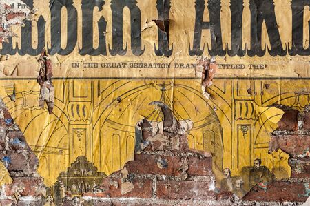 Vintage textures: old wallpaper, peeling paint, brick wall and layers of different colorful backgrounds.の写真素材