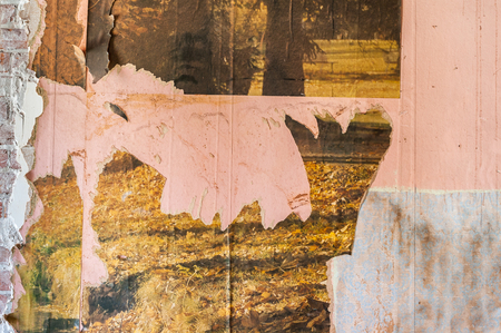 Vintage textures: old wallpaper, peeling paint, brick wall and layers of different colorful backgrounds.の写真素材