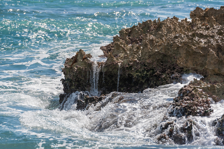 Caribbean sea waves crashing onto the iron shore of tropical coastline in Mexico. Deserted Riviera Maya landscape with rough rocks, lush green palm trees and the ocean water.の写真素材