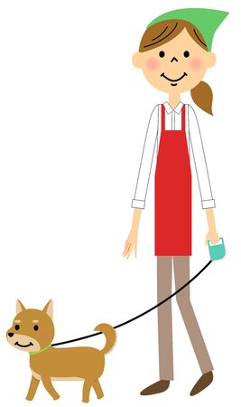 The female of the apron who strolls through a dogのイラスト素材