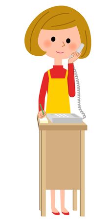 The female of the apron who speaks by telephoneのイラスト素材
