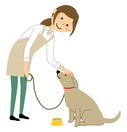Woman wearing apron, Walk with a dogのイラスト素材