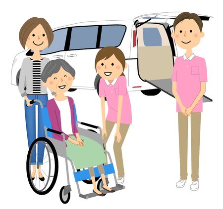 Elderly People in Wheelchairs, Nursing Staff and Welfare Vehiclesのイラスト素材