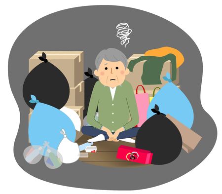 An elderly man in a room buried in garbageのイラスト素材