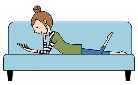 It is an illustration of a young woman lying on the sofa and operating a smartphone.のイラスト素材