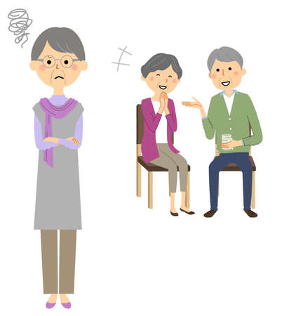 It is an illustration of a person who isn't happy seeing an elderly couple chatting.のイラスト素材