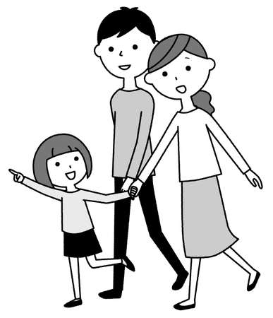 It is an illustration of a family of three taking a walk.のイラスト素材