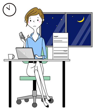 It is an illustration of a business woman who does not finish her work.のイラスト素材