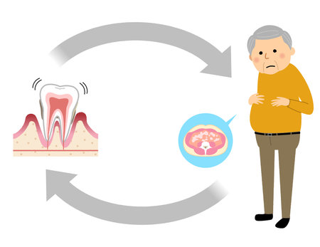 It is an illustration of an elderly person with periodontal disease and diabetes.のイラスト素材