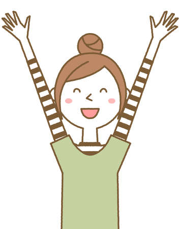 It is an illustration of a young woman who is pleased to raise both hands.のイラスト素材
