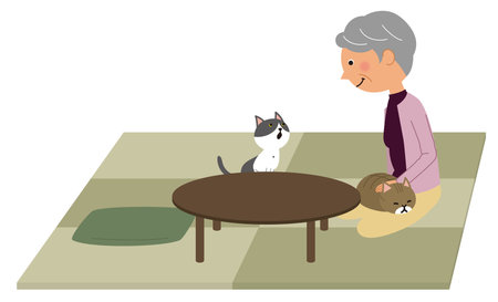 It is an illustration of a cat spoiled by an elderly woman.のイラスト素材