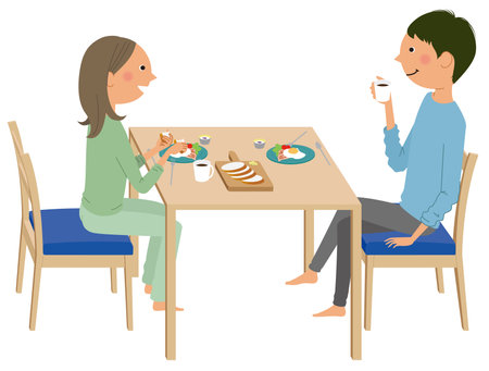 It is an illustration of a man and woman couple eating breakfast.のイラスト素材