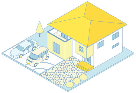 This is an isometric illustration of a house and a car.のイラスト素材