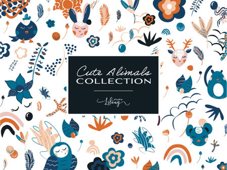The complete collection of Cute animals. Ideal for creating patterns for wallpapers, gift wrap, youth decoration. Series of sweetness and poetry.のイラスト素材