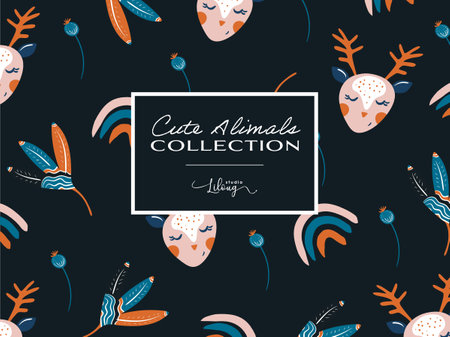A series of animals and nature Cute animals. Ideal for creating patterns for wallpapers, gift wrap, youth decoration. A series full of sweetness and poetry.のイラスト素材