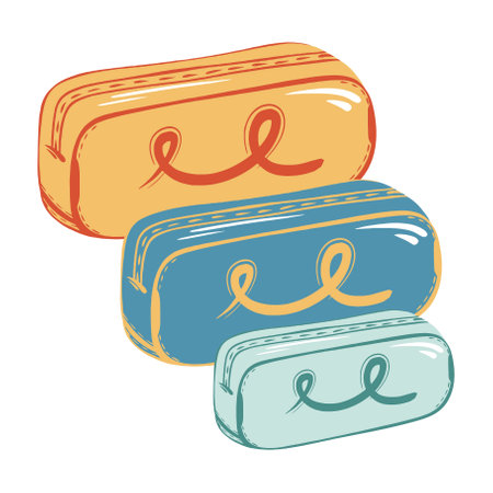 Set of back to school and schooling pencil case illustrations. Ideal for creating designs for advertising, school communication, school supplies.のイラスト素材