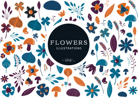 Floral vector background with hand drawn flowers and leaves. Vector illustration.のイラスト素材