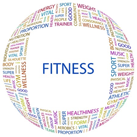 FITNESS. Word collage on white background. illustration.   のイラスト素材