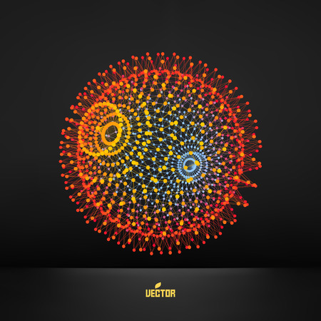 Abstract 3d design element, emblem. Different lights dots on black background. Vector illustration.のイラスト素材