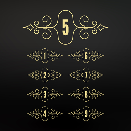 Numbers set. Frames in Linear Style. Flourishes Calligraphic Frame. Elegant Retro Style Design. Ornament Pattern. Vintage Decorative Elements. Vector Illustration. Design for Invitations, Posters.のイラスト素材