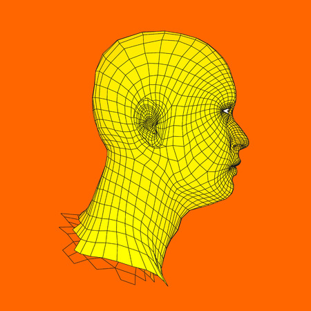 Head of the Person from a 3d Grid. Human Head Wire Model. Human Polygon Head. Face Scanning. View of Human Head. 3D Geometric Face Design. 3d Polygonal Covering Skin. Geometry Polygon Man Portrait.のイラスト素材