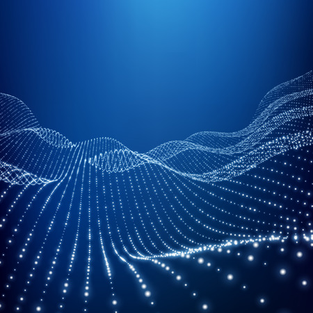 Landscape Background. Futuristic Landscape with Shiny Grid. Low Poly Terrain. 3D Wireframe Terrain. Network Abstract Background. Cyberspace Grid. Technology Vector Illustration of Low-Poly Landscapeのイラスト素材