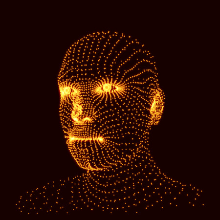 Head of the Person from a 3d Grid. Human Head Model. Face Scanning. View of Human Head. 3D Geometric Face Design. 3d Covering Skin. Geometry Man Portrait. Can be used for Avatar, Science, Technologyのイラスト素材