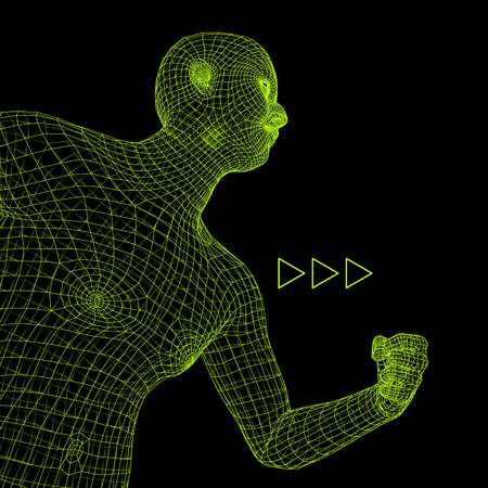 Running Man. Polygonal Design. 3D Model of Man. Geometric Design. Business, Science and Technology Vector Illustration. 3d Polygonal Covering Skin. Human Polygon Body. Human Body Wire Model.のイラスト素材