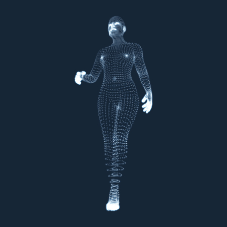 Man Stands on his Feet. 3D Model of Man. Human Body Model. Body Scanning. View of Human Body. Vector Graphics Composed of Particles.のイラスト素材