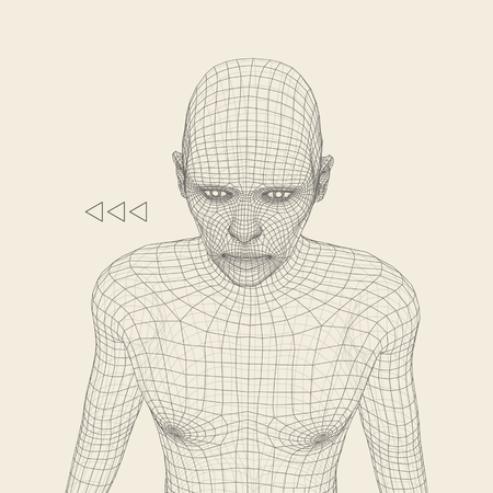 Head of the Person from a 3d Grid. Human Head Wire Model. Human Polygon Head. Face Scanning. View of Human Head. 3D Geometric Face Design. 3d Polygonal Covering Skin. Geometry Polygon Man Portrait.のイラスト素材