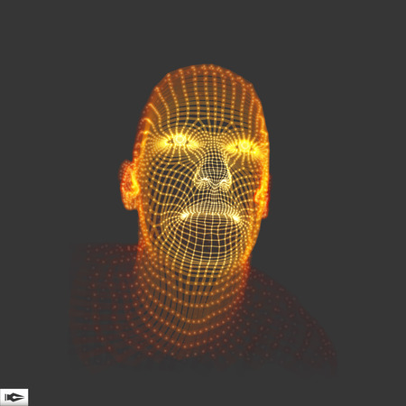 Head of the Person from a 3d Grid. Human Head Wire Model. Human Polygon Head. Face Scanning. View of Human Head. 3D Geometric Face Design. 3d Polygonal Covering Skin. Geometry Polygon Man Portrait.のイラスト素材